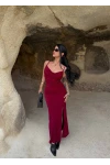 Bordo Askılı Degaje Yaka Elbise