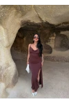 Kahve Askılı Degaje Yaka Elbise