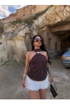 Kahve Yaka Tokalı Puantiyeli Bluz