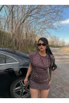Kahve Omuz Vatkalı Puantiyeli Elbise