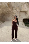 Kahve Luxe Drapeli Askılı Tulum