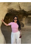 Pembe Glam Basic Taşlı Crop