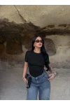 Siyah Glam Basic Taşlı Crop
