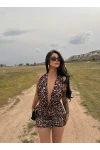 Leopar Sırt Zincirli Dekolte Elbise