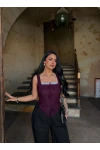 Bordo Göğüs Bağcıklı Biyeli Crop