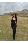 Siyah Sırt Çapraz Maxi Elbise