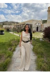 Bej Kayık Yaka Kemerli Tulum
