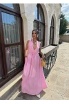 Pembe Sırt Dekolte Dökümlü Maxi Elbise