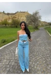 Mavi Straplez Pantolon İkili Takım