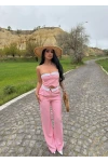 Pembe Straplez Pantolon İkili Takım