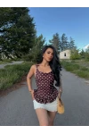 Kahve Omuz Bağcıklı Puantiyeli Bluz