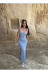 Mavi Çift Yırtmaçlı Modal Elbise