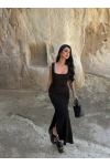 Siyah Çift Yırtmaçlı Modal Elbise