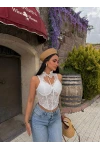 Beyaz Boyundan Bağcıklı Güpürlü Korse