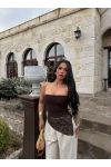 Kahve İçi Astarlı Flok Straplez