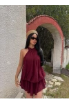 Bordo Şifon Boyundan Geçmeli Elbise