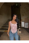 Pembe Göğüs Bağcıklı Biyeli Crop