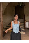 Mavi Göğüs Bağcıklı Biyeli Crop