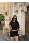 Siyah Biker Şortlu Crop Takım