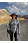 Antrasit Çizgili Kayık Yaka Kazak