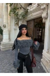 Antrasit Püsküllü Crop Kazak