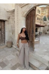 Bej Katlamalı Kruvaze Pantolon