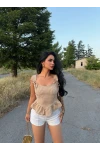 Bej Sırt Bağcıklı Pötikare Bluz
