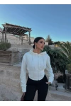 Beyaz Bel Korseli Kapşonlu Hırka