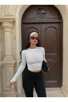 Beyaz Bisiklet Yaka Basic Crop