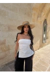Beyaz Çift Yırtmaçlı Denim Straplez