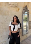 Beyaz Kare Yaka Kurdela Crop