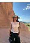 Beyaz Kroşe Ajurlu Örgü Crop