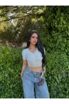 Beyaz Ön Büzgülü Güpürlü Crop
