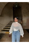 Beyaz Sırt Degaje Tül Şifon Bodysuit