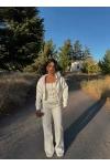 Beyaz Straplez Üçlü Eşofman Takım