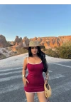 Bordo Biyeli Mini Kaşkorse Elbise