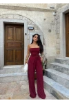 Bordo Eva Yan Büzgülü Straplez Takım