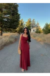 Bordo Kare Yaka Maxi Elbise