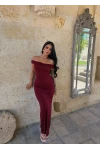Bordo Kayık Yaka Maxi Elbise