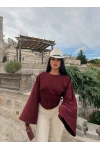 Bordo Kolları Volanlı Korse Sweat