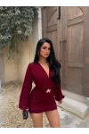 Bordo Kruvaze Tokalı Elbise