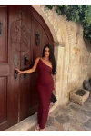 Bordo Omuz Tokalı Tek Yırtmaçlı Elbise