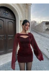 Bordo Taş İşlemeli Pencere Yaka Elbise