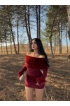 Bordo Yakası Kürklü Madonna Elbise
