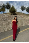 Bordo Yırtmaçlı Degaje Yaka Elbise