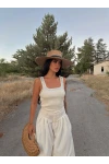Ekru Droplu Kare Yaka Triko