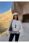 Ekru Eteği Güpürlü Triko Kazak