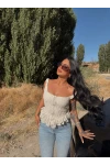 Ekru Önü Kancalı Güpürlü Büstiyer