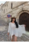 Ekru Taşlı Kayık Yaka Panço