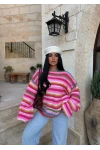 Fuşya Rainbow Çizgili Kazak